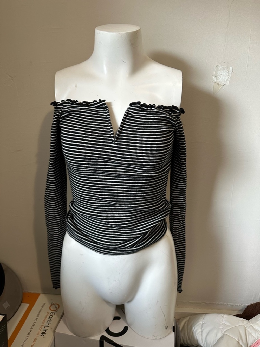 Aeropostale Black and White Striped Off-Shoulder Long Sleeve Top